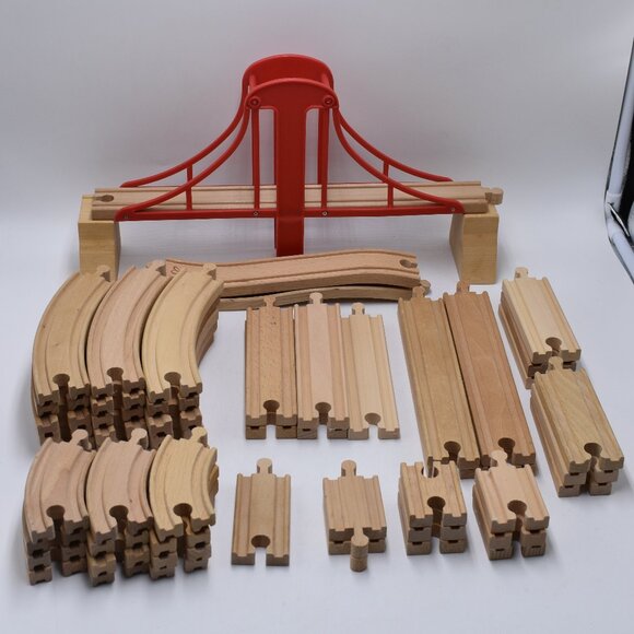 Lot of over 50 Tracks Curves Ramps Straights Ascending Wooden Railway Trains - Picture 1 of 10